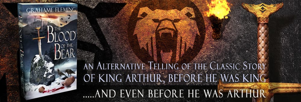 From left to tight: The Blood of the Bear book cover, the branding logo, and the hilt of a sword.