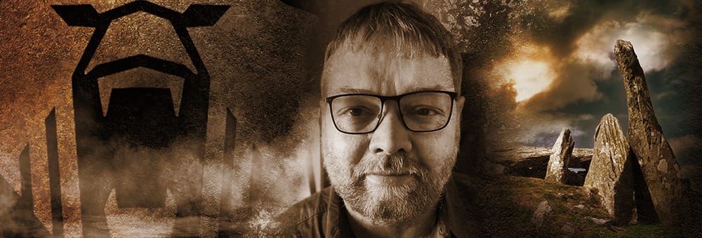 From left to right: The Blood of the Bear branded icon, a portrait of the author, and the standing stones at Cairn Holy.